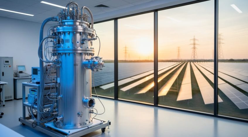Quantum computer dilution refrigerator in a lab, with a glass wall revealing an expansive solar farm at golden hour; cool blue equipment lighting contrasts with warm sunlight on the panels, shallow depth of field.
