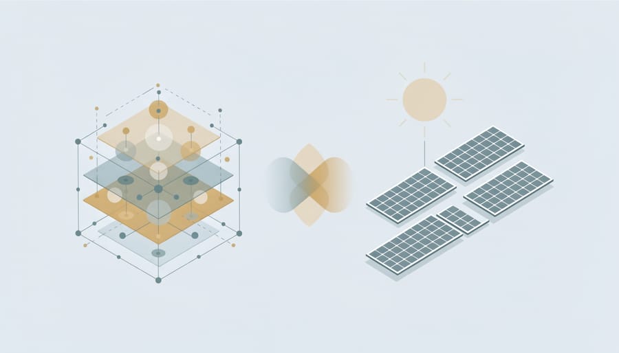 Quantum computer cooling components displayed alongside solar panel installation