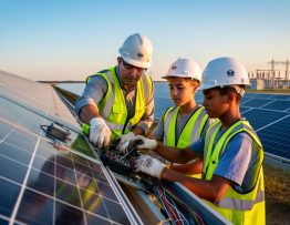 Mentor in hard hat guiding two student apprentices wiring a photovoltaic panel on a large solar farm at golden hour, with rows of panels, a distant substation, and a school bus softly blurred in the background.