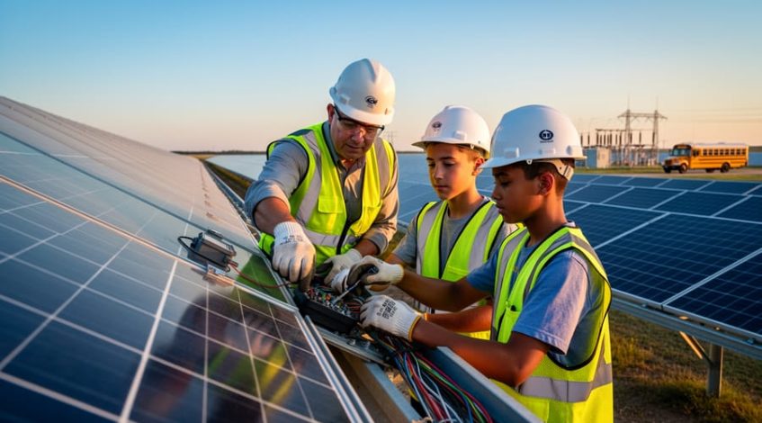 Mentor in hard hat guiding two student apprentices wiring a photovoltaic panel on a large solar farm at golden hour, with rows of panels, a distant substation, and a school bus softly blurred in the background.