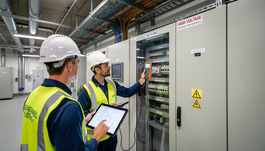 Renewable energy engineer inspecting electrical control systems in industrial facility