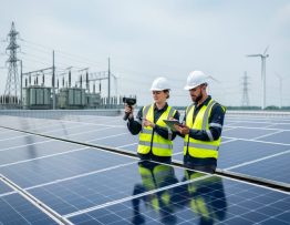Two engineers in safety gear inspect a large rooftop solar array on a factory, using a thermal camera and tablet, with an electrical substation, power lines, and wind turbines softly visible in the background under diffused daylight.