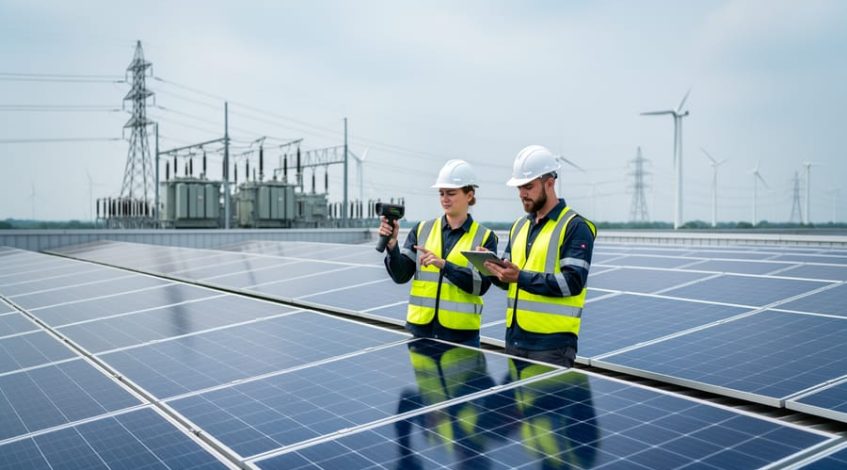 Two engineers in safety gear inspect a large rooftop solar array on a factory, using a thermal camera and tablet, with an electrical substation, power lines, and wind turbines softly visible in the background under diffused daylight.