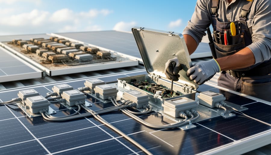 Modular solar panel components showing repairable design with accessible junction box