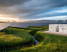 "Eye-level wide shot of elevated solar panels above native plants with adjacent battery storage units on a raised pad, golden hour light under receding storm clouds, distant hills and wind-bent trees in the background"