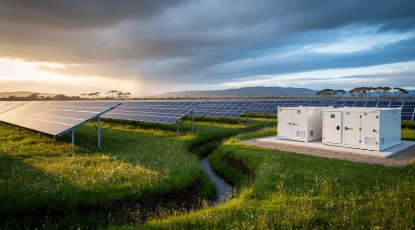 "Eye-level wide shot of elevated solar panels above native plants with adjacent battery storage units on a raised pad, golden hour light under receding storm clouds, distant hills and wind-bent trees in the background"