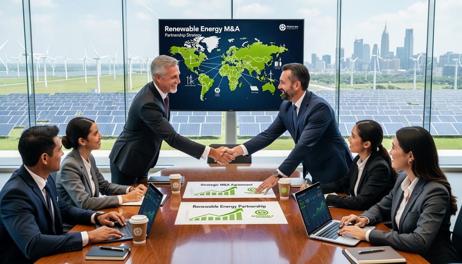 Business executives shaking hands with solar installation visible in background