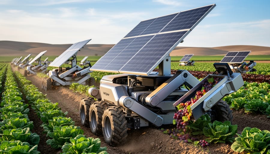 Solar-powered agricultural harvesting robot working in crop field with integrated photovoltaic panels