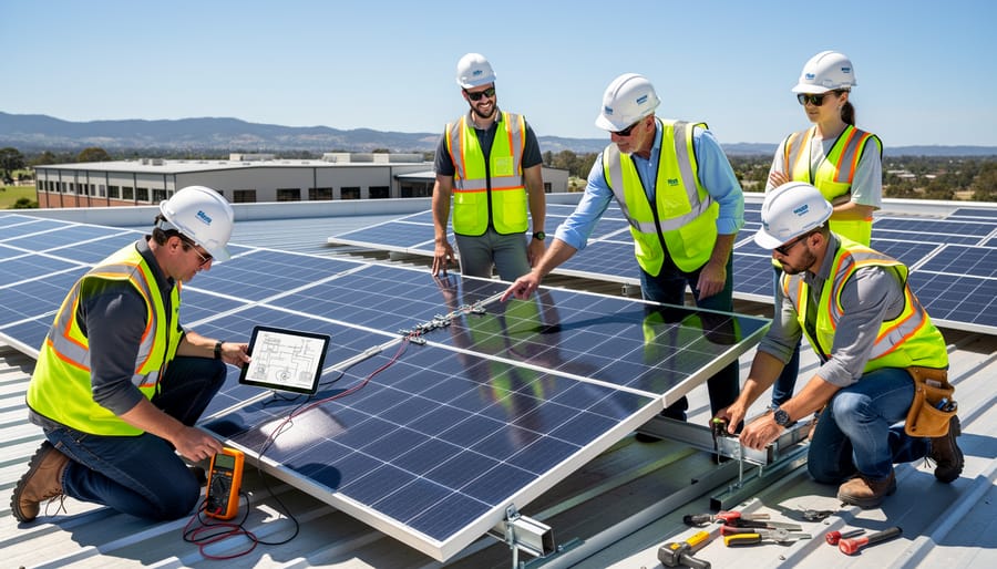 Young apprentice and experienced technician installing solar panel mounting equipment on commercial roof