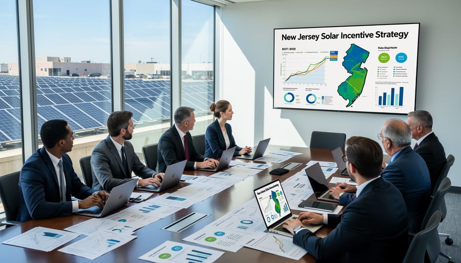 Business executives reviewing solar installation plans and investment strategies