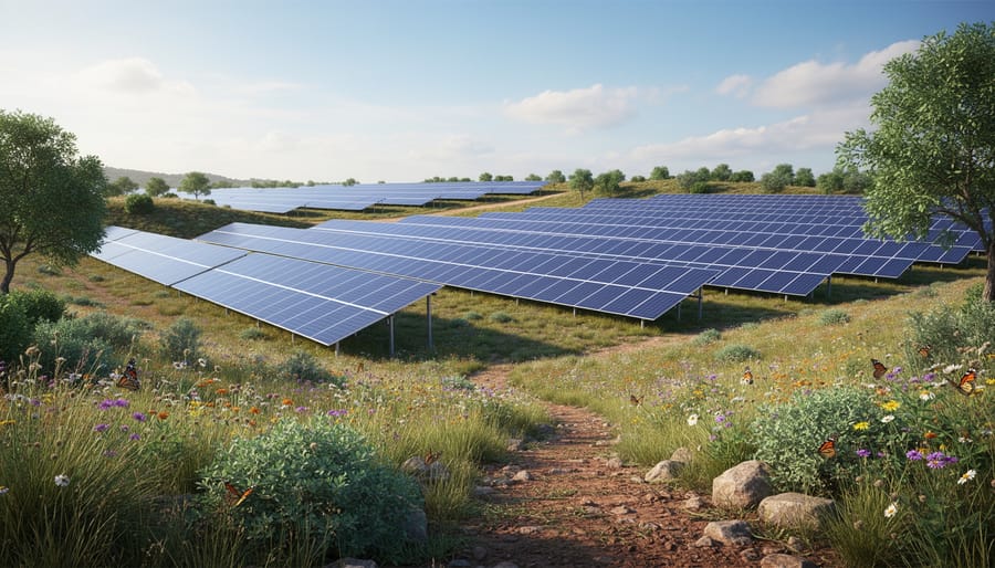 Solar panel installation with native wildflowers and grasses growing naturally beneath the array