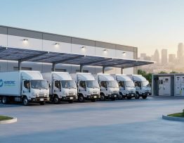 Electric vans plugged into chargers beneath large solar panel canopies at a logistics depot in warm sunset light, with a warehouse, battery storage unit, and distant city skyline in the background.