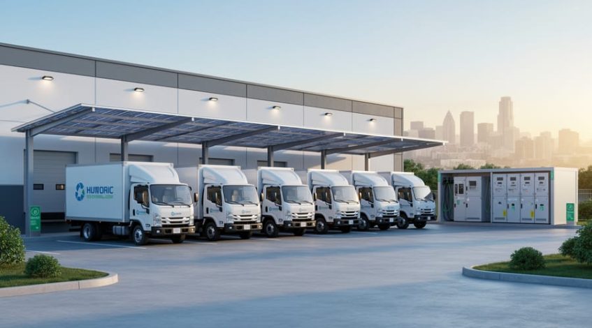 Electric vans plugged into chargers beneath large solar panel canopies at a logistics depot in warm sunset light, with a warehouse, battery storage unit, and distant city skyline in the background.