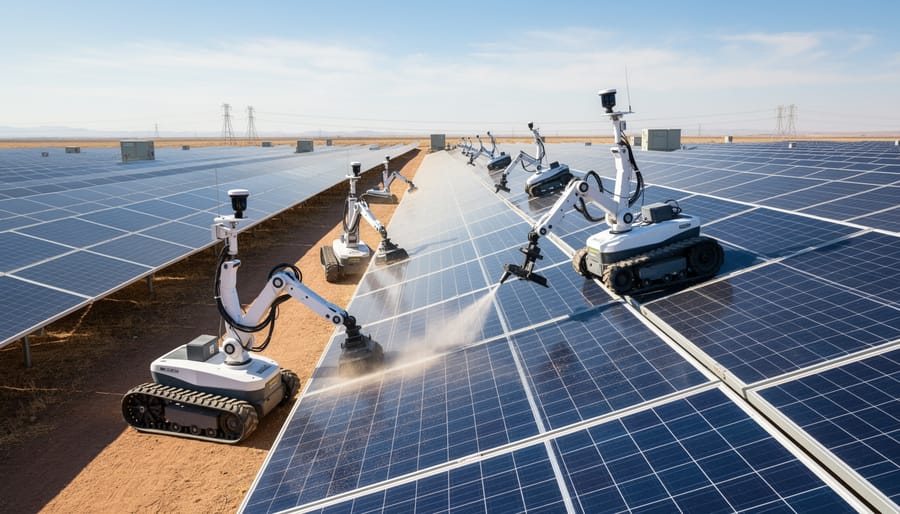 Autonomous inspection robot navigating between rows of solar panels in large-scale solar farm