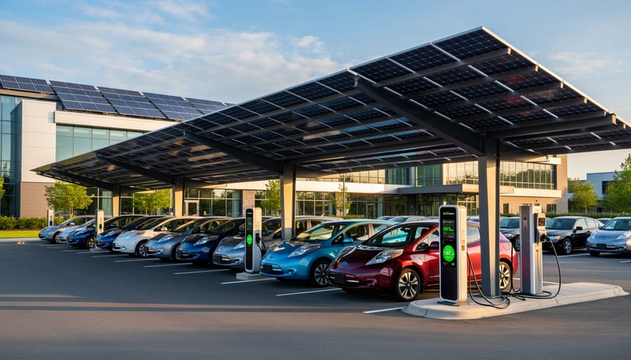 Commercial building with solar panels on roof and EV charging stations in parking lot