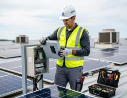 Technician in safety gear swapping a modular inverter component beside an open junction box on a commercial rooftop solar installation, with toolkit nearby and rows of panels and HVAC units softly blurred under bright overcast light