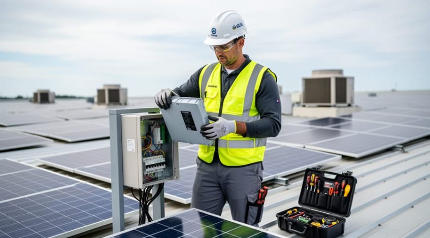 Technician in safety gear swapping a modular inverter component beside an open junction box on a commercial rooftop solar installation, with toolkit nearby and rows of panels and HVAC units softly blurred under bright overcast light