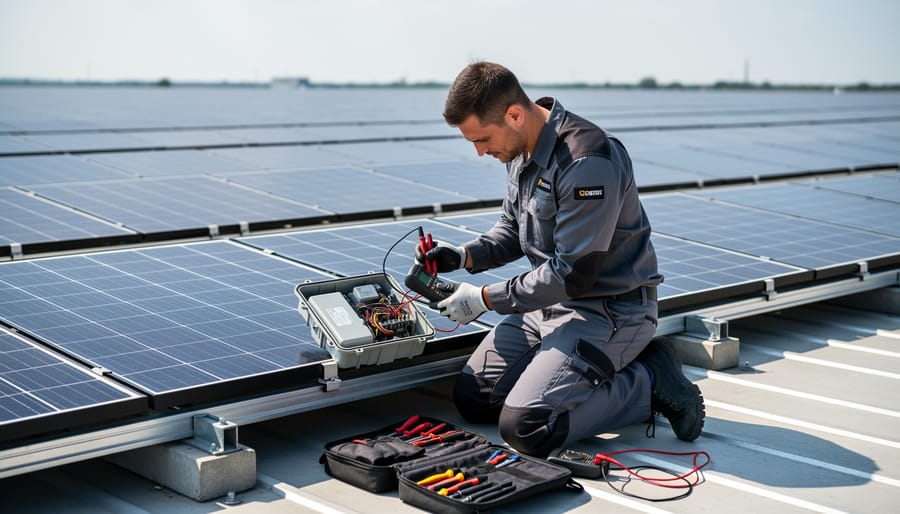Technician inspecting damaged solar panel junction box during maintenance