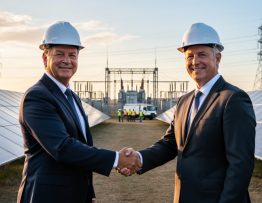 Two executives in hard hats shaking hands at a large solar farm during golden hour, with photovoltaic panels, a substation, transmission towers, and a maintenance crew with service truck softly blurred in the background.