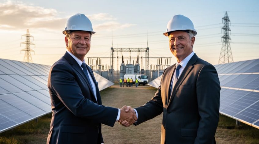 Two executives in hard hats shaking hands at a large solar farm during golden hour, with photovoltaic panels, a substation, transmission towers, and a maintenance crew with service truck softly blurred in the background.