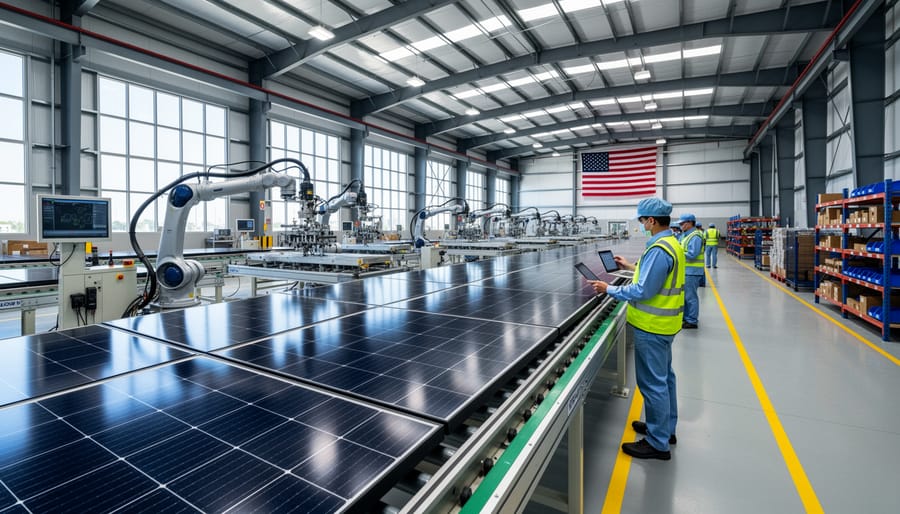 Modern solar panel manufacturing facility with automated production line