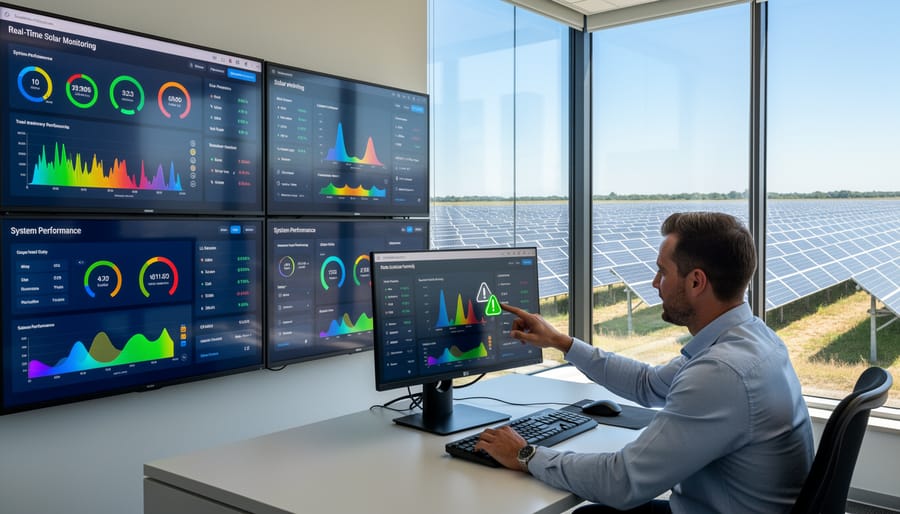 Facility manager using tablet to monitor commercial solar system performance