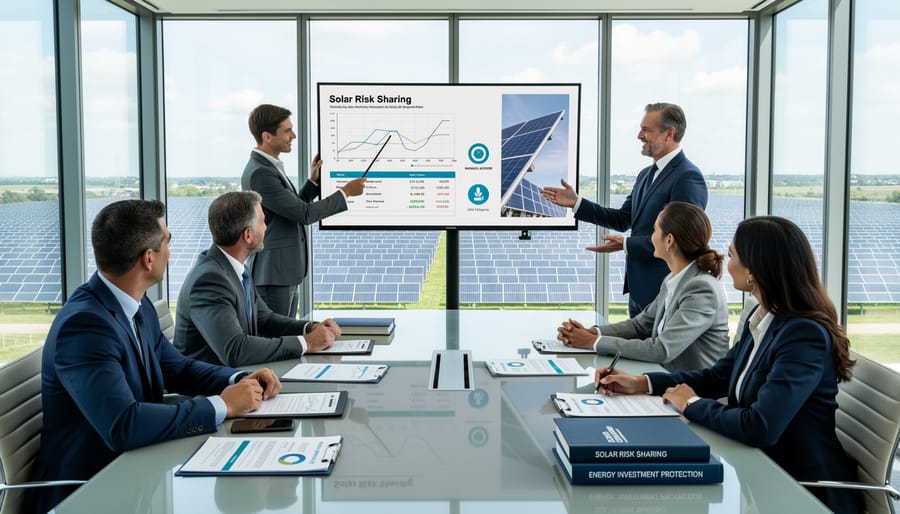 Business professionals shaking hands over solar project partnership agreement