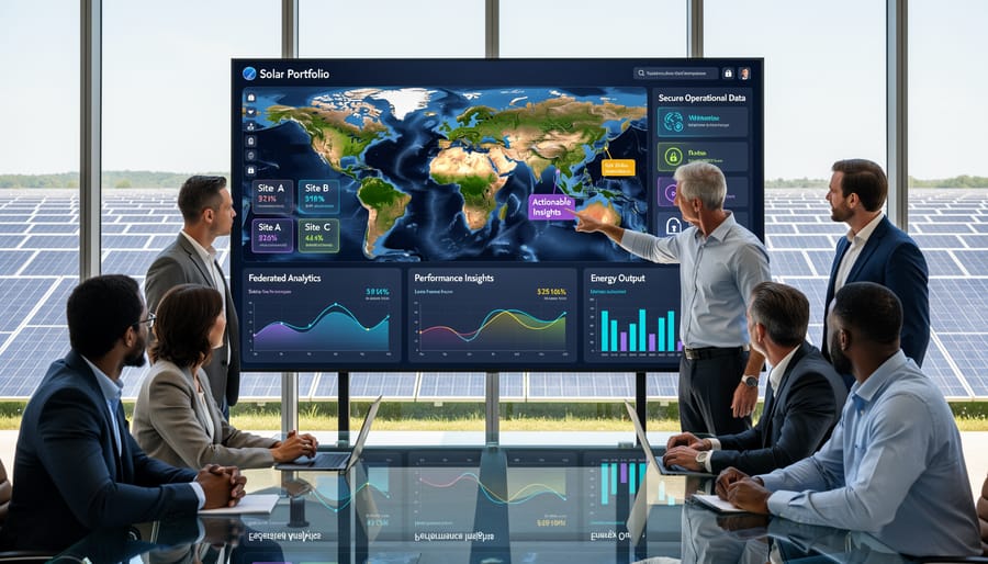 Business professional analyzing solar portfolio performance data in office with solar panels visible in background