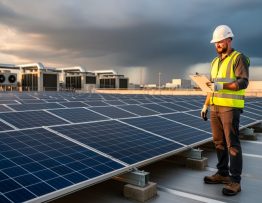 Engineer in safety vest and hardhat examining large rooftop solar panels on an industrial facility at golden hour, sturdy racking visible with factory HVAC units and clearing storm clouds in the background, conveying commercial solar risk protection.