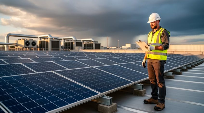 Engineer in safety vest and hardhat examining large rooftop solar panels on an industrial facility at golden hour, sturdy racking visible with factory HVAC units and clearing storm clouds in the background, conveying commercial solar risk protection.