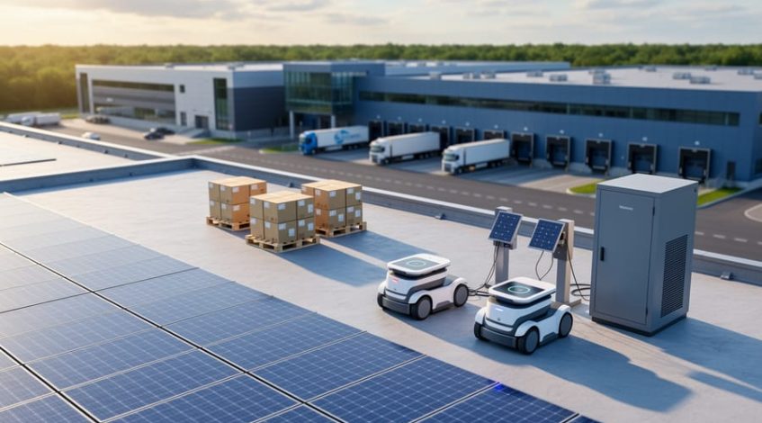 Drone-angle view of a factory with rooftop solar panels and two autonomous robots moving pallets near a solar charging dock and battery cabinet at golden hour, with trucks and loading bays in the background.