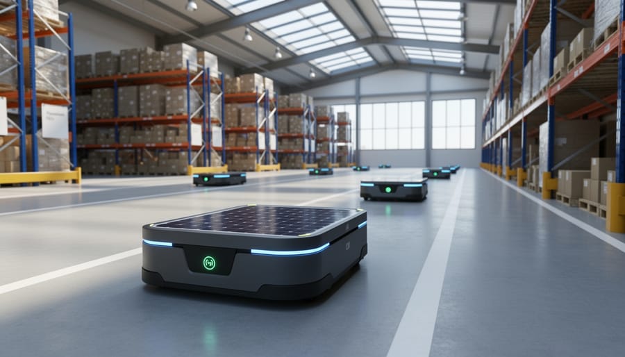 Solar-powered warehouse robot with photovoltaic panels navigating between industrial shelving
