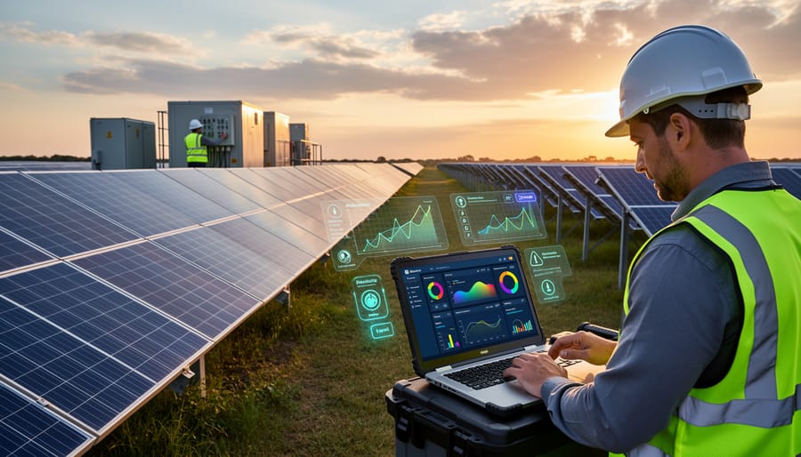 Solar technician performing maintenance inspection with digital monitoring tablet