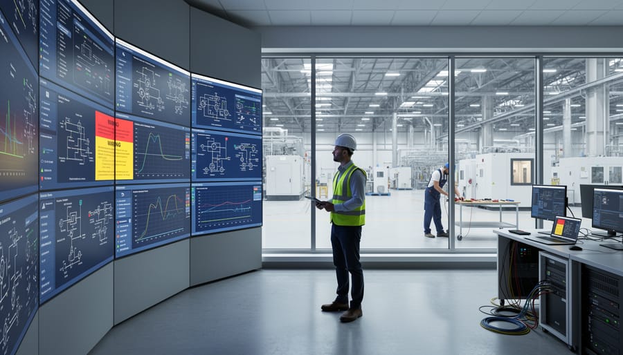 Technician using monitoring system to inspect commercial solar panel array
