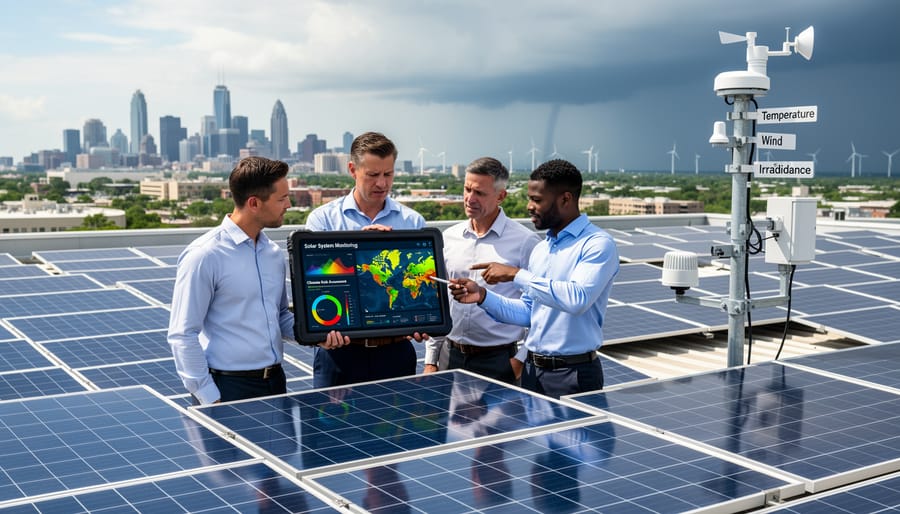 Facility manager reviewing solar system performance data on tablet at commercial installation