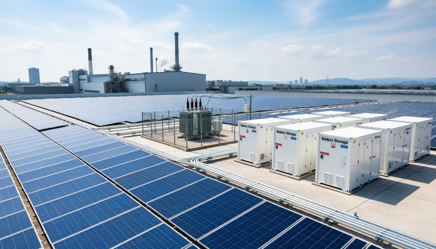 Industrial rooftop solar panels with ground-level battery storage containers