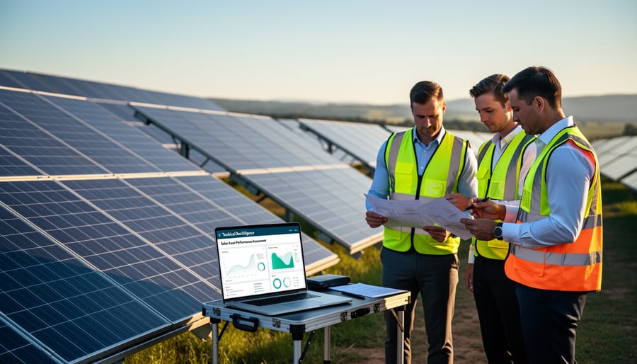 Solar technician conducting inspection of commercial solar installation with tablet