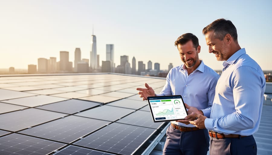 Solar technician inspecting commercial ground-mounted solar panel system