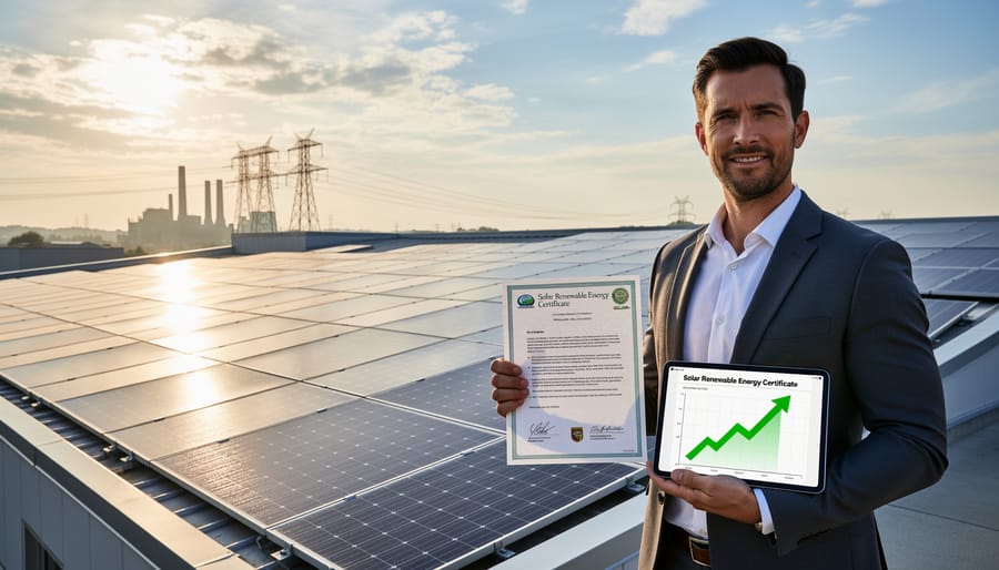 Business professional reviewing Solar Renewable Energy Certificate documentation