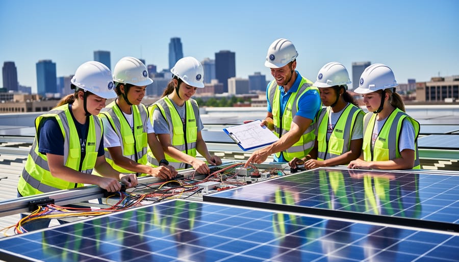 High school students in safety gear learning solar panel installation on school rooftop with instructor