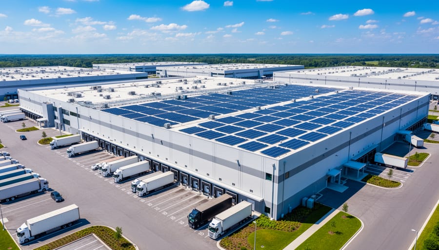 Warehouse distribution center with extensive solar panel installation on rooftop