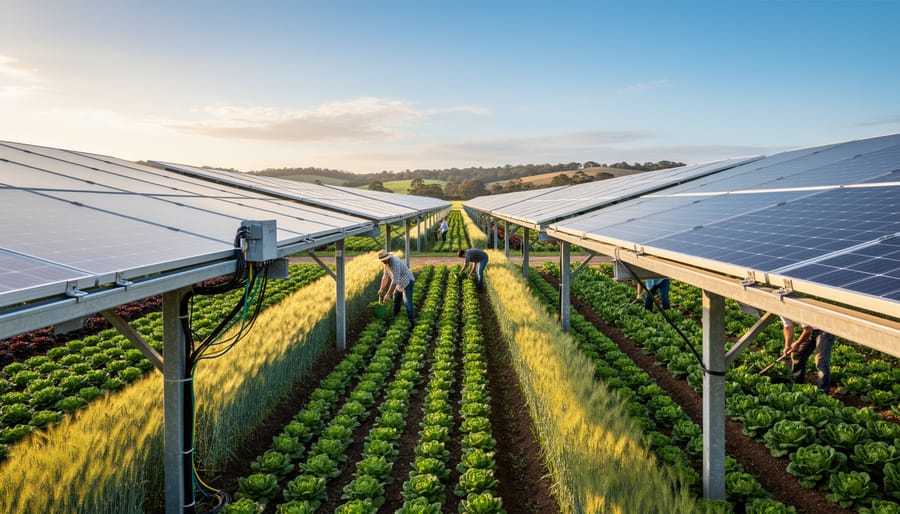 Aerial view of commercial farm with solar panels mounted above growing crops