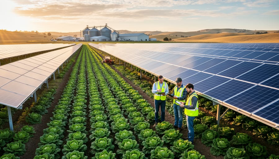 Farm manager reviewing financial analysis with solar farm visible in background