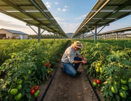Elevated solar arrays over rows of leafy greens and tomatoes on a commercial farm, with a farmer inspecting drip irrigation at golden hour and a distant barn and trees in the background.