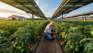 Elevated solar arrays over rows of leafy greens and tomatoes on a commercial farm, with a farmer inspecting drip irrigation at golden hour and a distant barn and trees in the background.