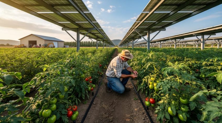 Elevated solar arrays over rows of leafy greens and tomatoes on a commercial farm, with a farmer inspecting drip irrigation at golden hour and a distant barn and trees in the background.