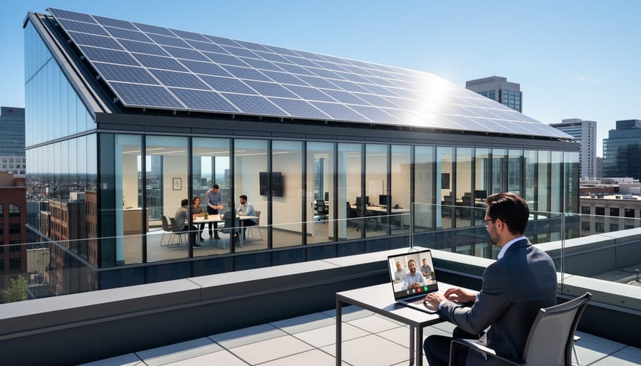 Large commercial solar panel array installed on office building rooftop