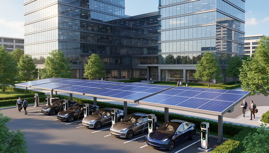 Aerial view of office building rooftop with solar panels and employee EV charging stations