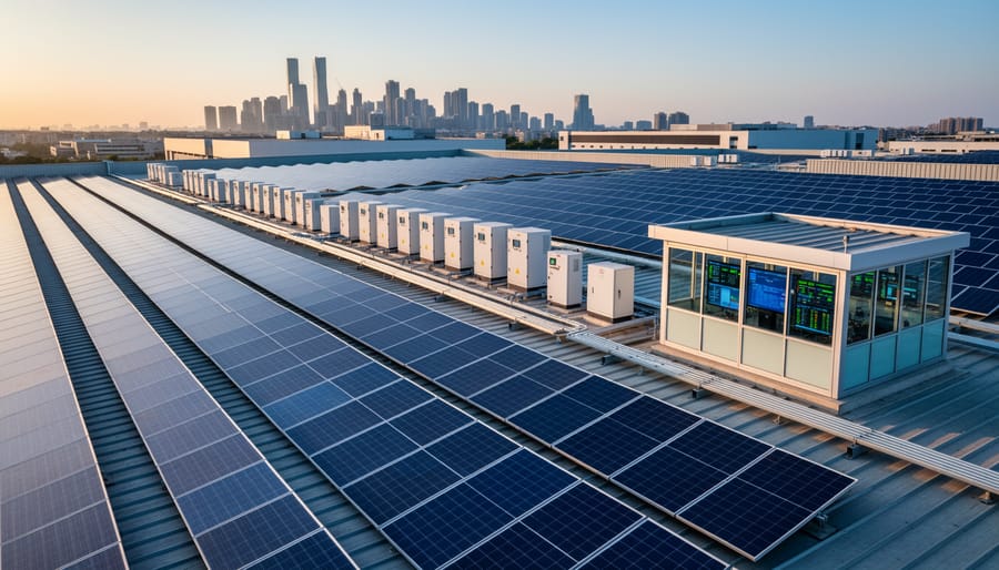 Commercial rooftop solar panel installation with smart inverters