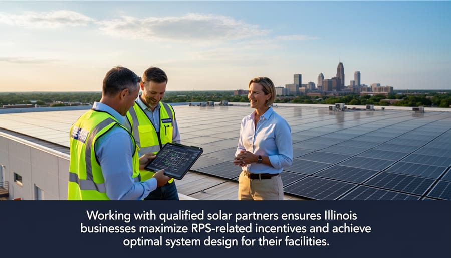Business professionals consulting with solar installation experts at commercial project site